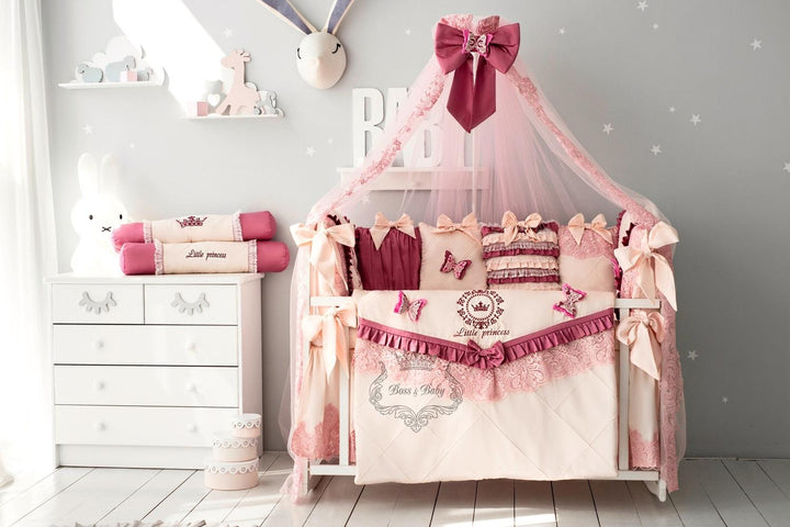 Luxury Pink Baby Bedding Set - Personalized Crib Set with Crown Embroidery & Butterflies | Princess Nursery Decor