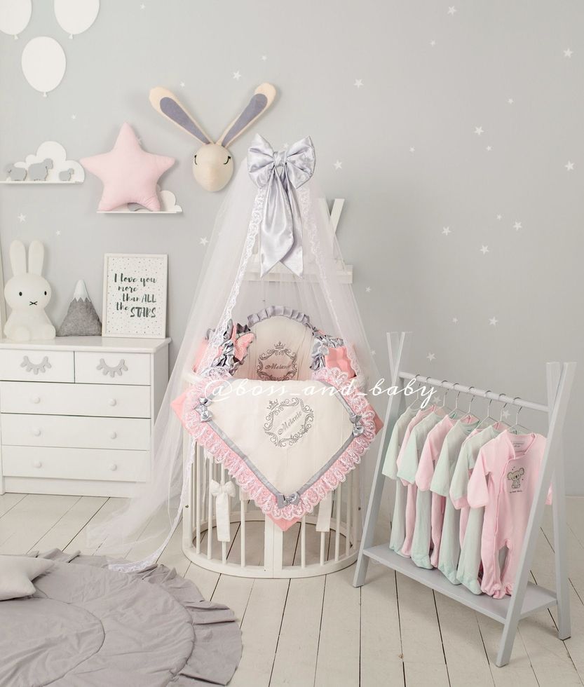 Luxury Baby Bedding Set - Personalized Round Crib Set with Embroidered Crown | Pink & White Royal Nursery Decor