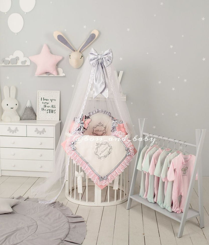 Luxury Baby Bedding Set - Personalized Round Crib Set with Embroidered Crown | Pink & White Royal Nursery Decor