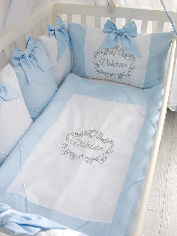 Custom Silver Name Light Blue Baby Blanket for Boys Crib Bedding Set