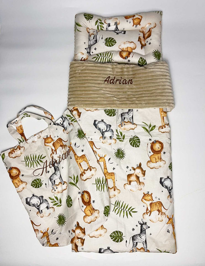 Personalized Safari Nap Mat for Kids - Toddler Daycare Sleeping Set with Pillow & Blanket | Organic Gender-Neutral Sleep Mat