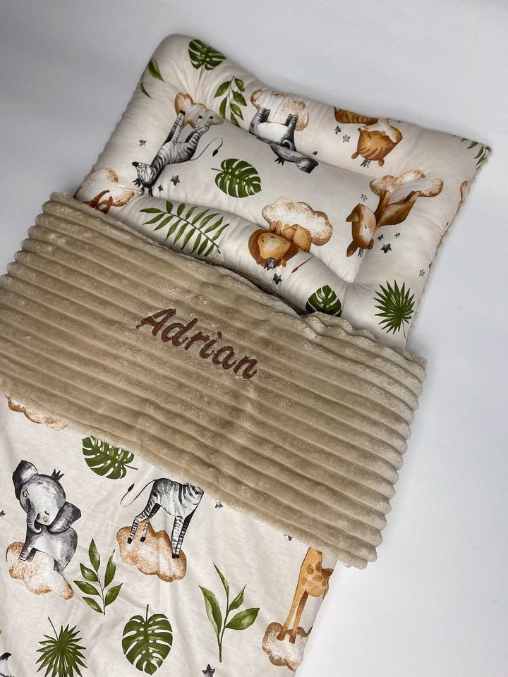 Personalized Safari Nap Mat for Kids - Toddler Daycare Sleeping Set with Pillow & Blanket | Organic Gender-Neutral Sleep Mat