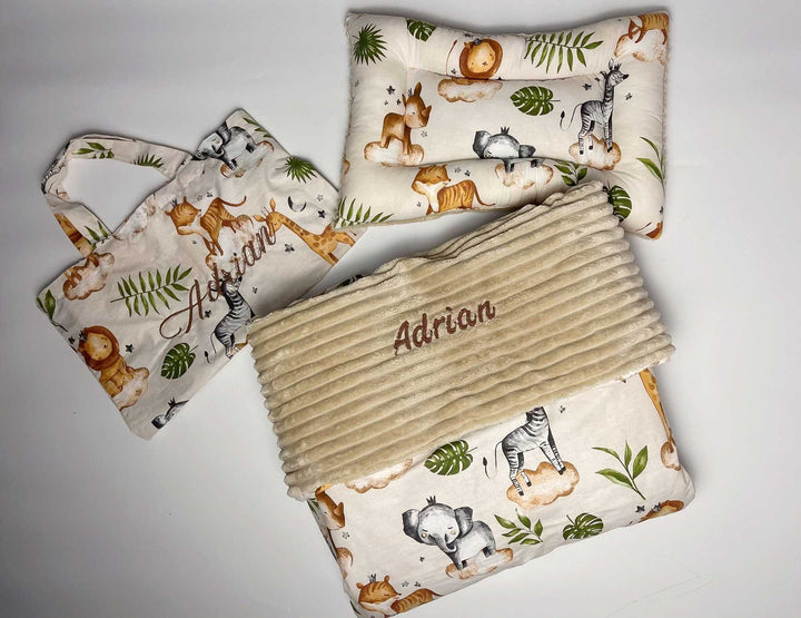 Personalized Safari Nap Mat for Kids - Toddler Daycare Sleeping Set with Pillow & Blanket | Organic Gender-Neutral Sleep Mat