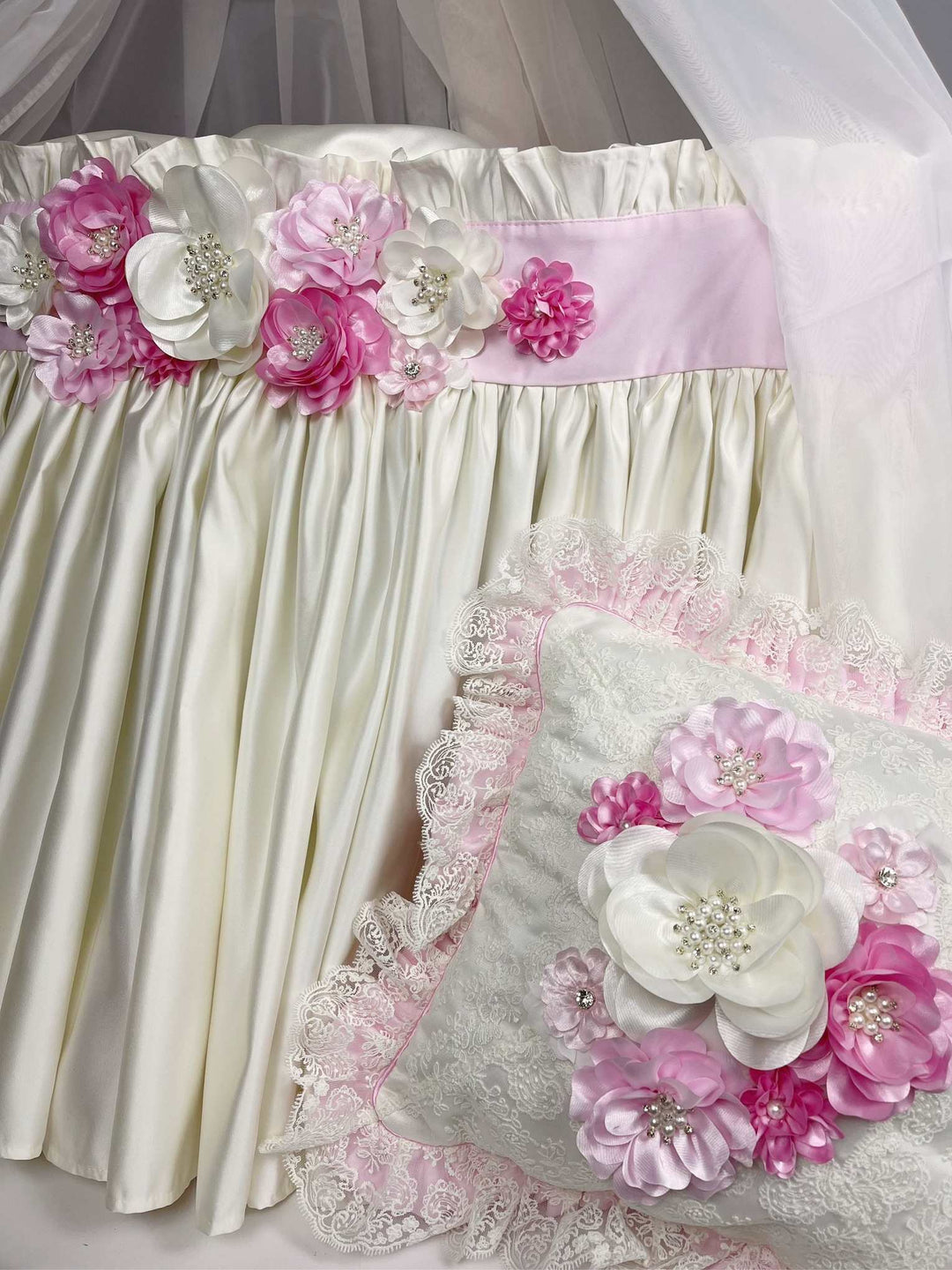 Custom Ruffled Floral Baby Girl Crib Bedding Set – Ivory with Pink and Ivory 3D Flowers