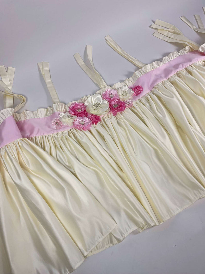 Custom Ruffled Floral Baby Girl Crib Bedding Set – Ivory with Pink and Ivory 3D Flowers