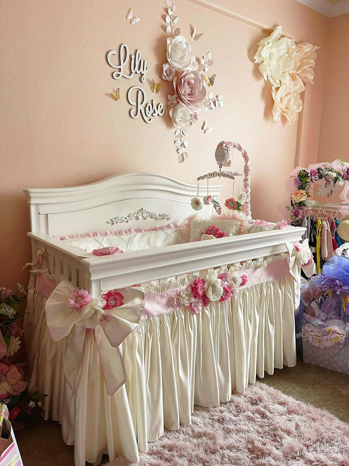 Custom Ruffled Floral Baby Girl Crib Bedding Set – Ivory with Pink and Ivory 3D Flowers