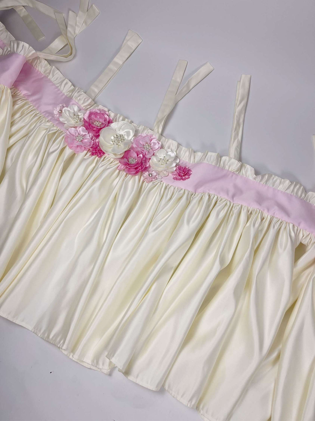 Custom Ruffled Floral Baby Girl Crib Bedding Set – Ivory with Pink and Ivory 3D Flowers