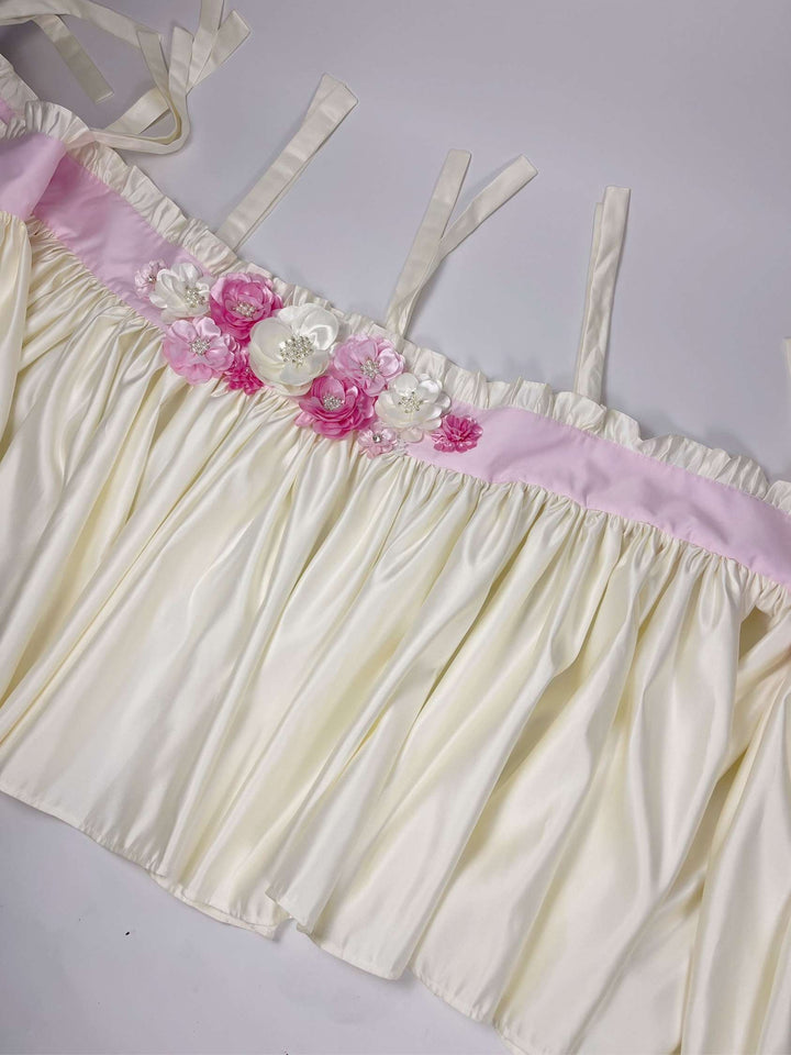 Custom Ruffled Floral Baby Girl Crib Bedding Set – Ivory with Pink and Ivory 3D Flowers