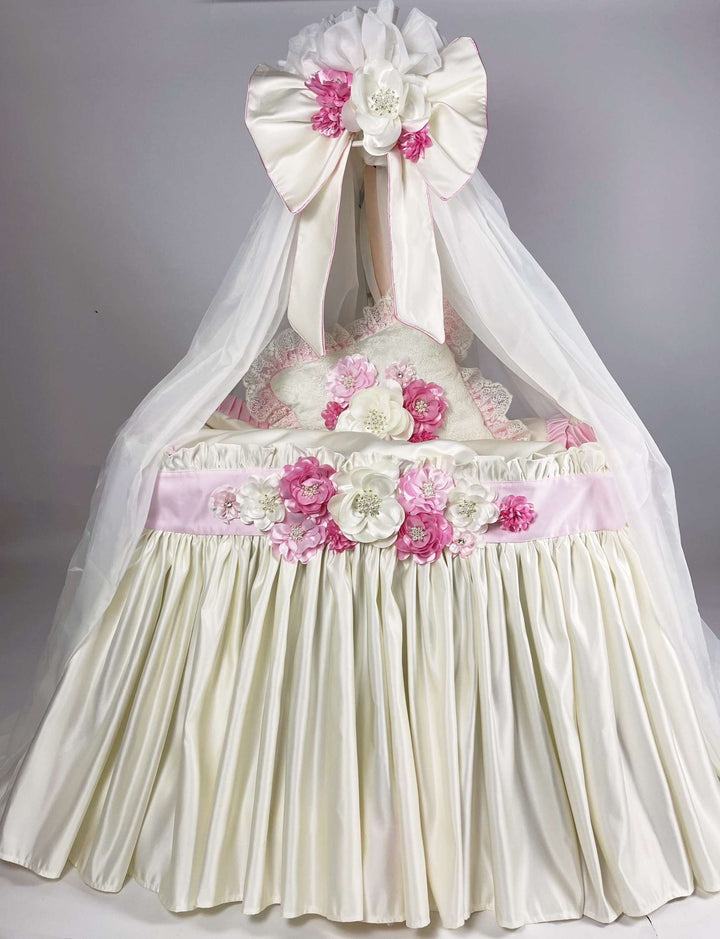 Custom Ruffled Floral Baby Girl Crib Bedding Set – Ivory with Pink and Ivory 3D Flowers