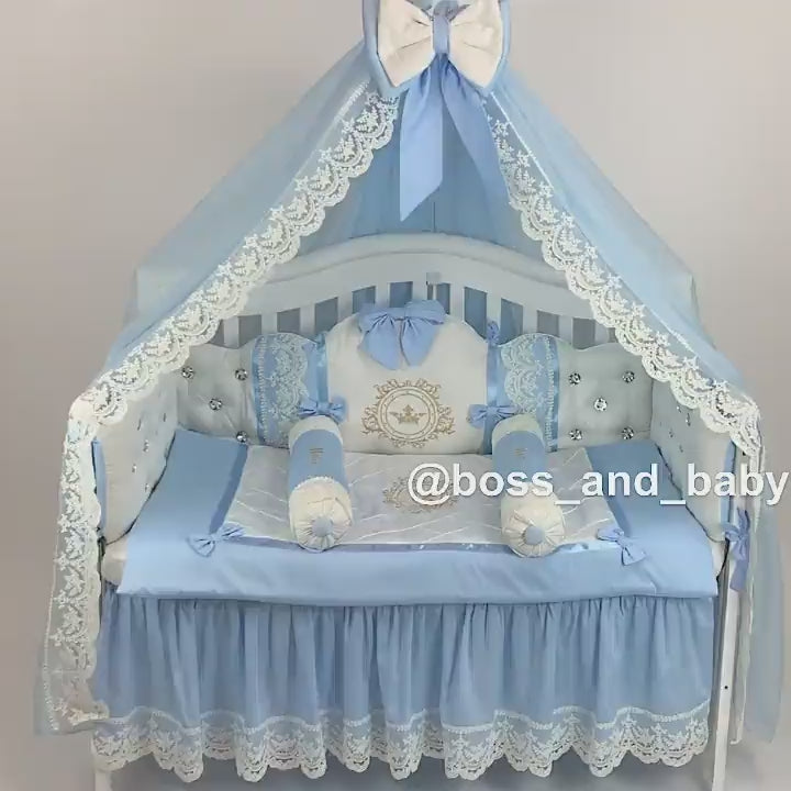 Blue and White Satin Baby Boy Bedding Set with French Lace and Rhinestones