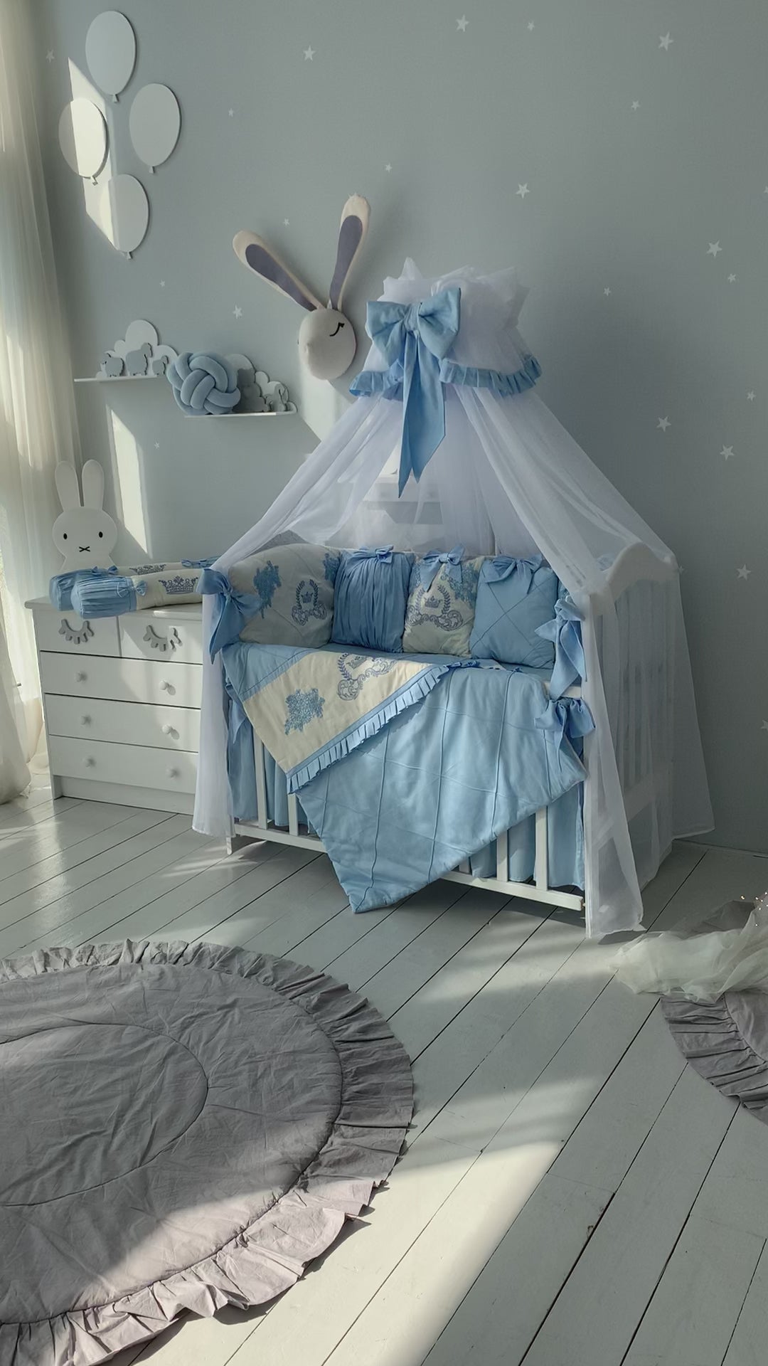 Luxury Baby Boy Crib Bedding Set in Light Blue with Personalized Name Embroidery