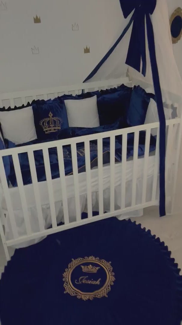 Royal Blue Luxury Baby Boy Crib Bedding Set - Canopy, Rug & Changing Pad - Gold Embroidered Nursery Decor for Baby, Infant - Premium Accessories