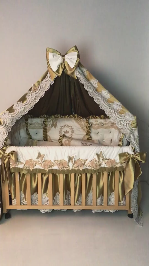 Infant Luxury Soft Gold Baby Boy Crib Bedding Set - French Lace, Rhinestones & Butterflies | Royal Nursery Decor for Toddlers
