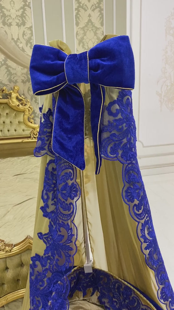 Luxury Royal Blue & Gold Velvet Bassinet - French Lace & Rhinestone Baby Cradle | Custom Nursery Decor