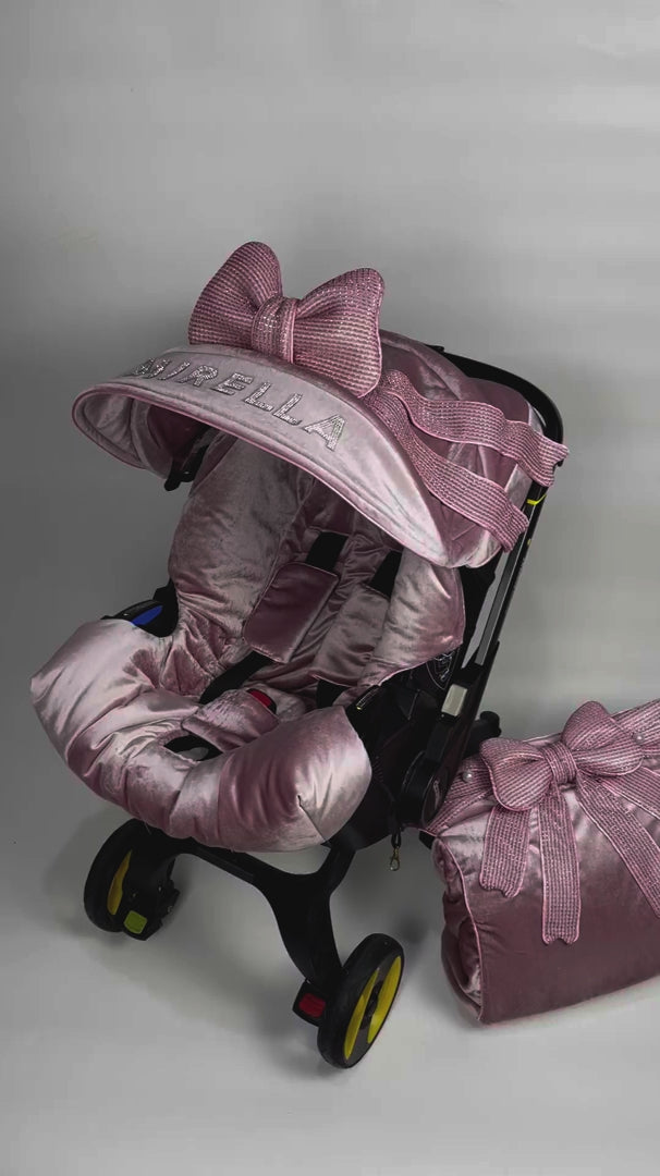 Cute Personalized Toddler Car Seat Cover - Compatible with Doona , Leather Canopy, Pink Color Print Overlay, Ears and Bow, Best Custom Baby Girl Accessory, Mom Gift