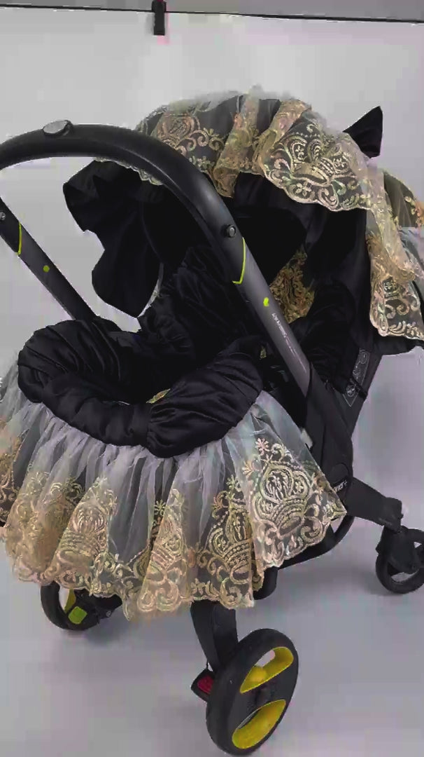 Toddler Black Car Seat & Stroller Cover with Gold Lace – Custom Baby Canopy & Sunshade for Doona