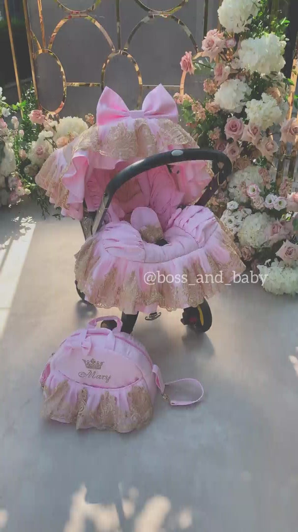Baby Girl Luxury Pink & Gold Lace Custom Stroller Seat Cover Set - Personalized Doona Accessory, Soft Leather Finish