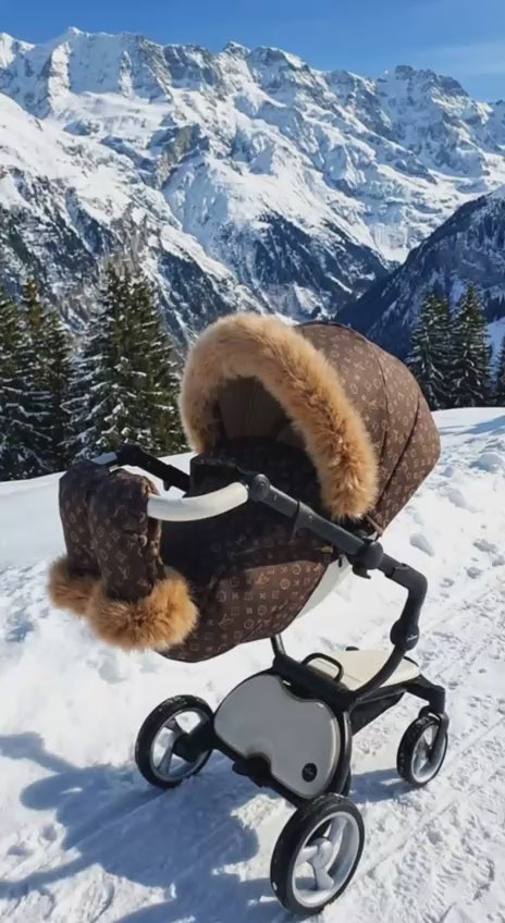 Winter hand muffs and canopy cover for Mima Xari baby stroller, premium fur trim