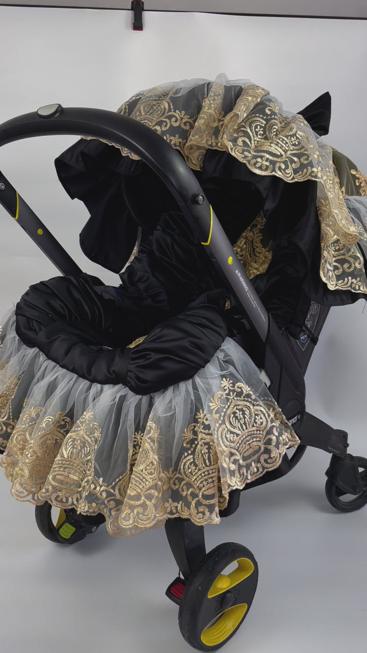 🖤 Black Car Seat Cover with Gold Lace | Doona Accessories – Custom Baby Canopy & Sunshade