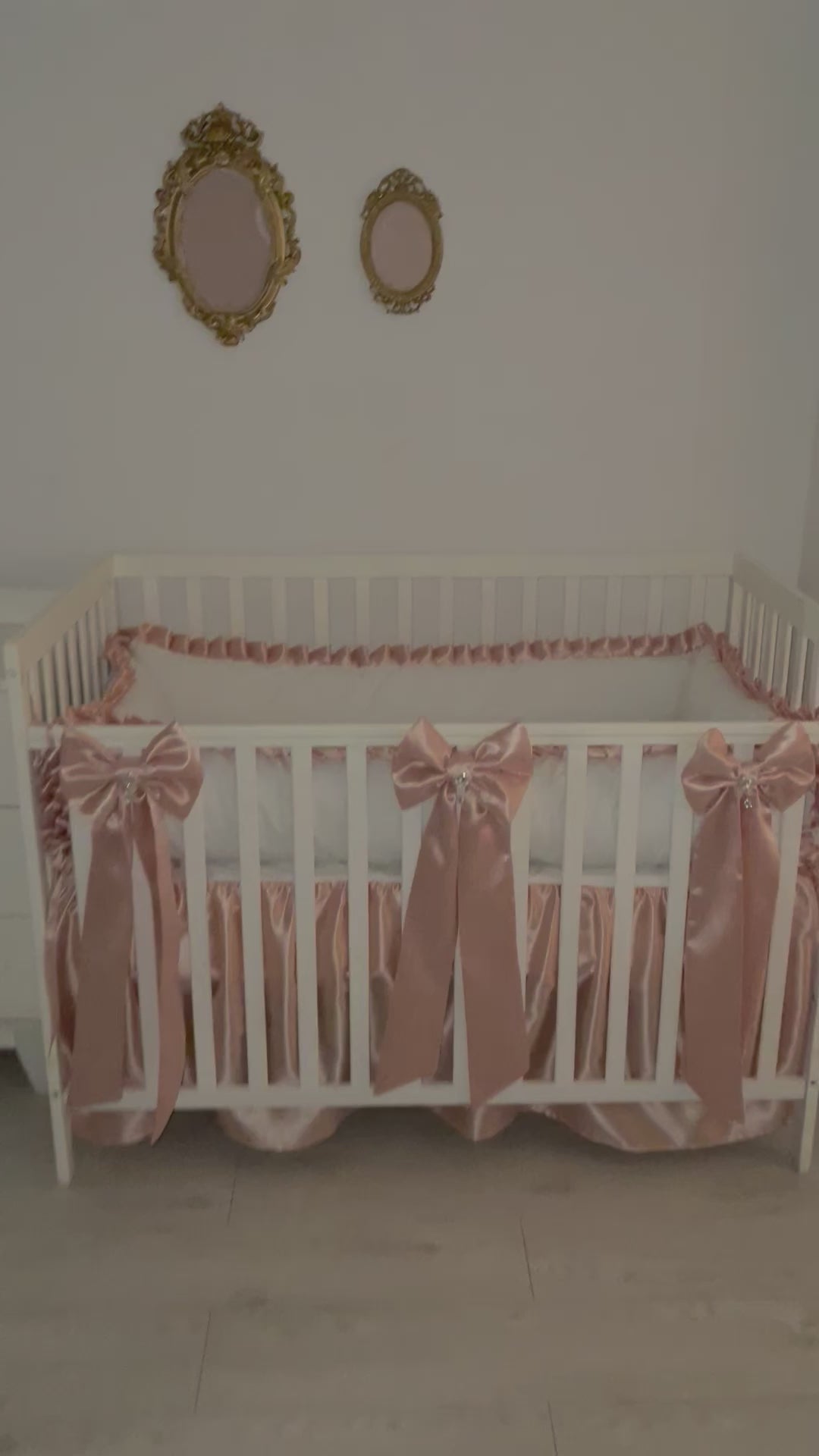 Classic Dusty Pink and White Baby Girl Bedding Set with Ruffles and Bows