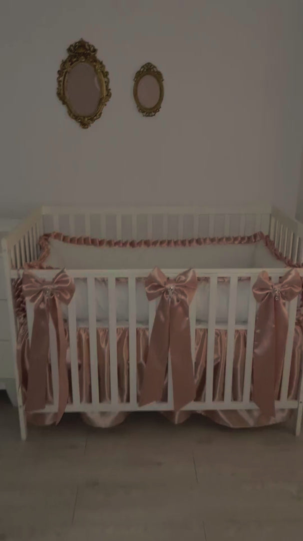 Dusty Pink and White Baby Girl Crib Bedding Set Ruffled Skirt Silk Bow
