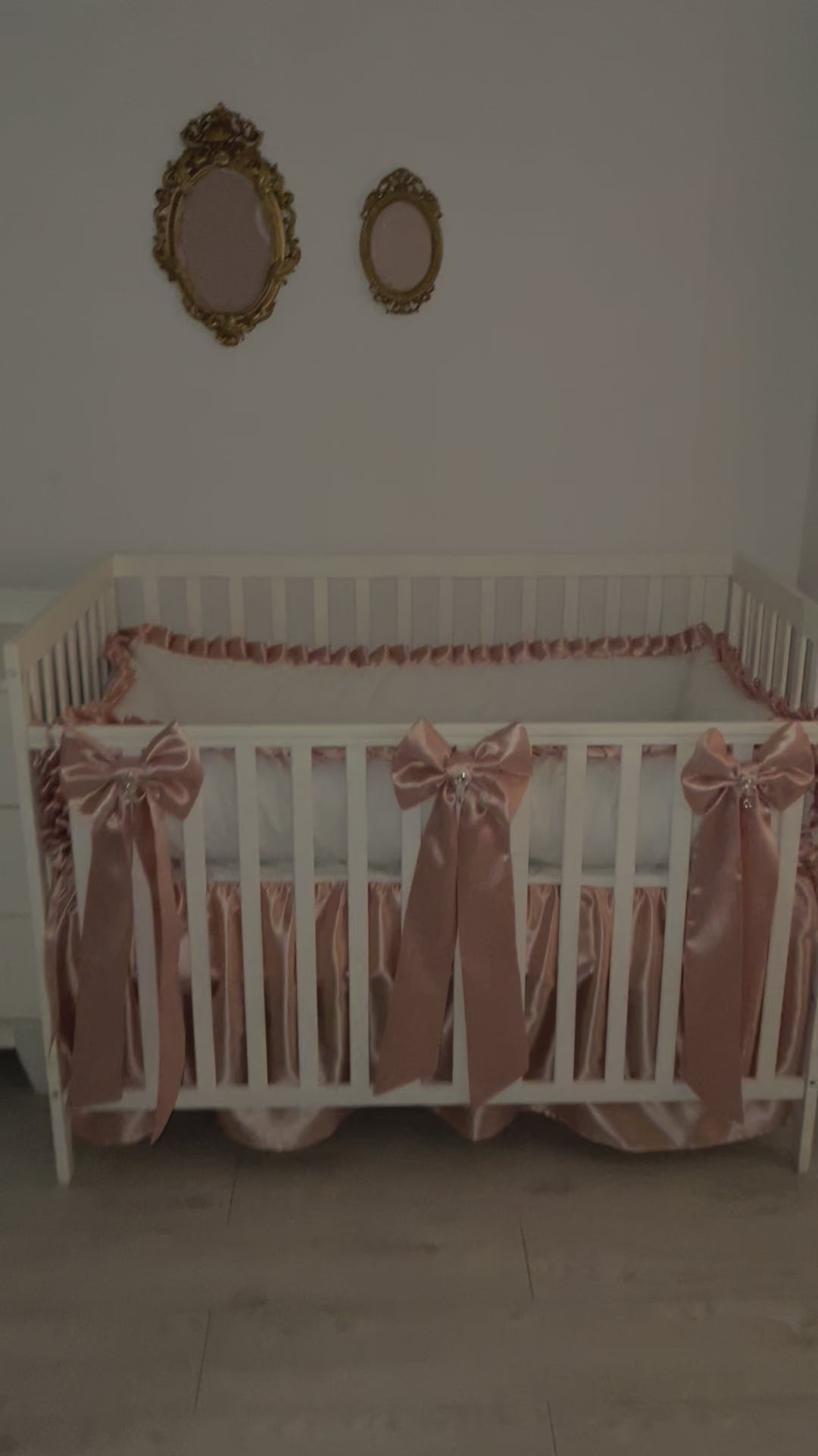 Dusty Pink and White Baby Girl Bedding Set with Ruffles, Skirt Crib, Long Silk Bow, and Minimalist Farmhouse Bumpers