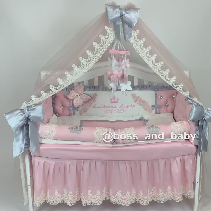 Luxury Baby Girl Crib Bedding Set with Personalized Name Embroidery, Rhinestones, and Butterflies