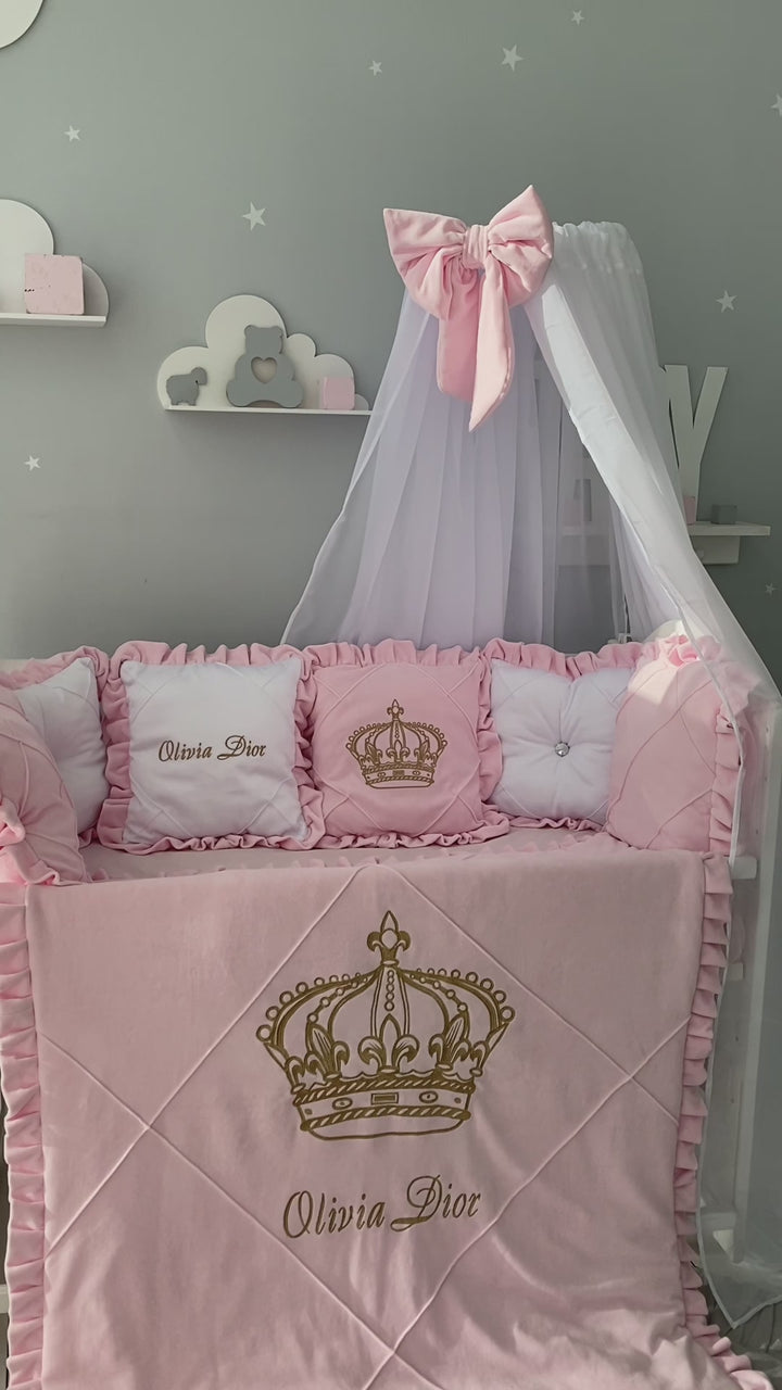 Crown Princess Baby Girl Bedding Set with Canopy and Baby Nest – Light Pink Minky Velvet with Ruffles and Embroidery