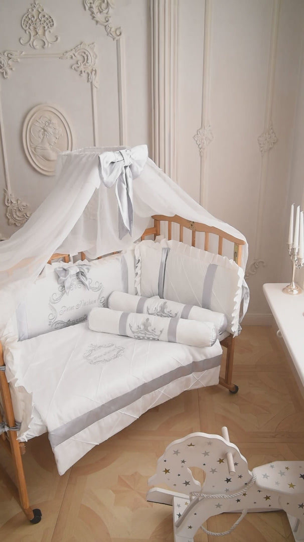 Royal White & Silver Baby Crib Bumper Set - Gender-Neutral Luxury Bedding with Crown Canopy & Monogram