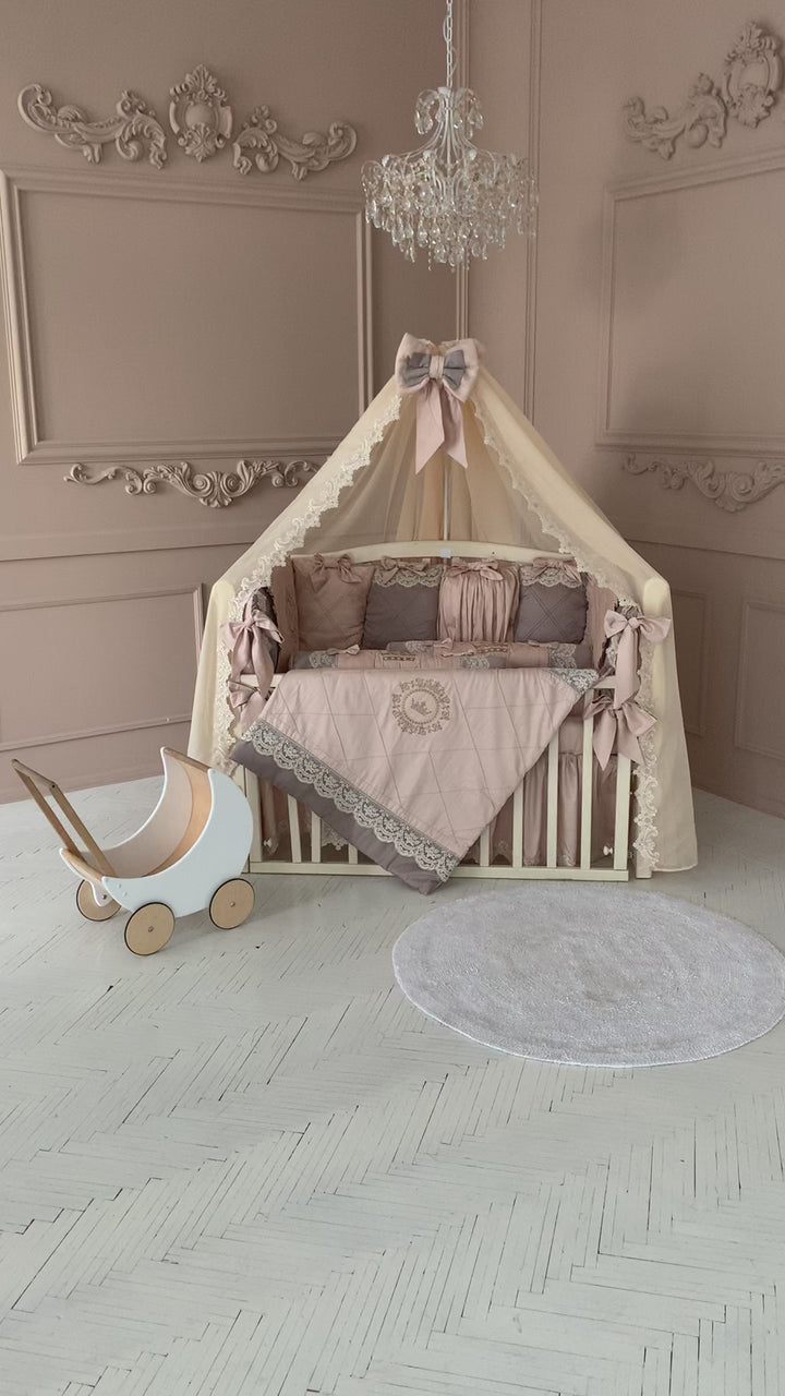 Cream and Champagne Beige Crib Bedding Set with Crown Monogram – Neutral and Elegant for Baby Boys and Girls