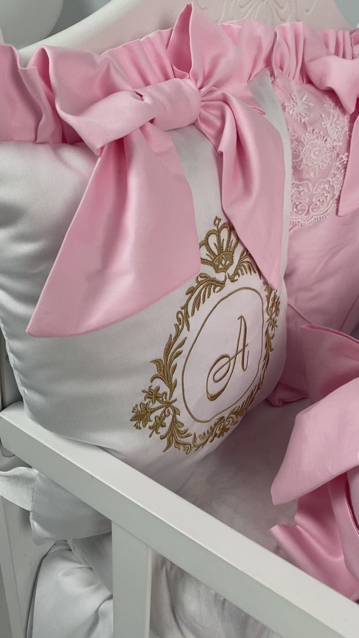 Luxurious Customized Baby Girl Bedding Set – Pink and Ivory Crib Bedding with Canopy, Lace, and Personalized Embroidery