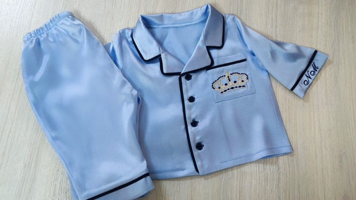 Blue Silk Baby Pajamas – Personalized Newborn PJ Set