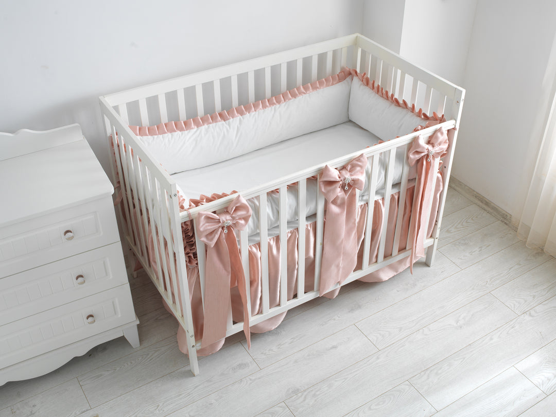 Classic Dusty Pink and White Baby Girl Bedding Set with Ruffles and Bows