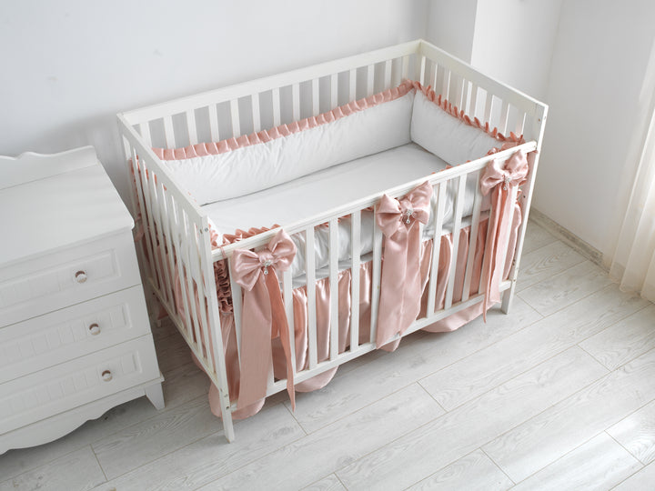 Classic Dusty Pink and White Baby Girl Bedding Set with Ruffles and Bows