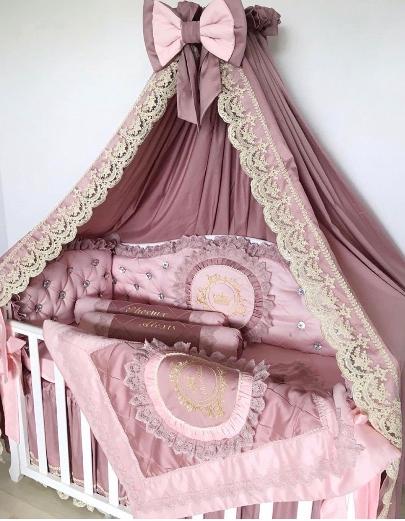 Luxury Pink Baby Girl Bedding Set with Lace & Ruffles