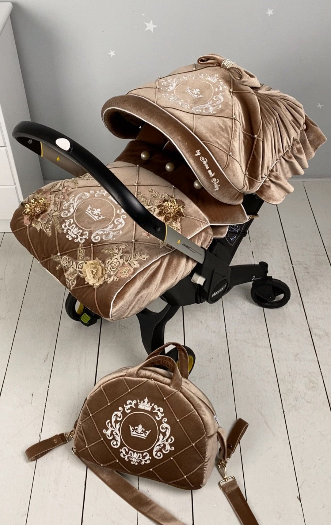 Luxury beige car seat cover with rhinestones and pearls for baby stroller