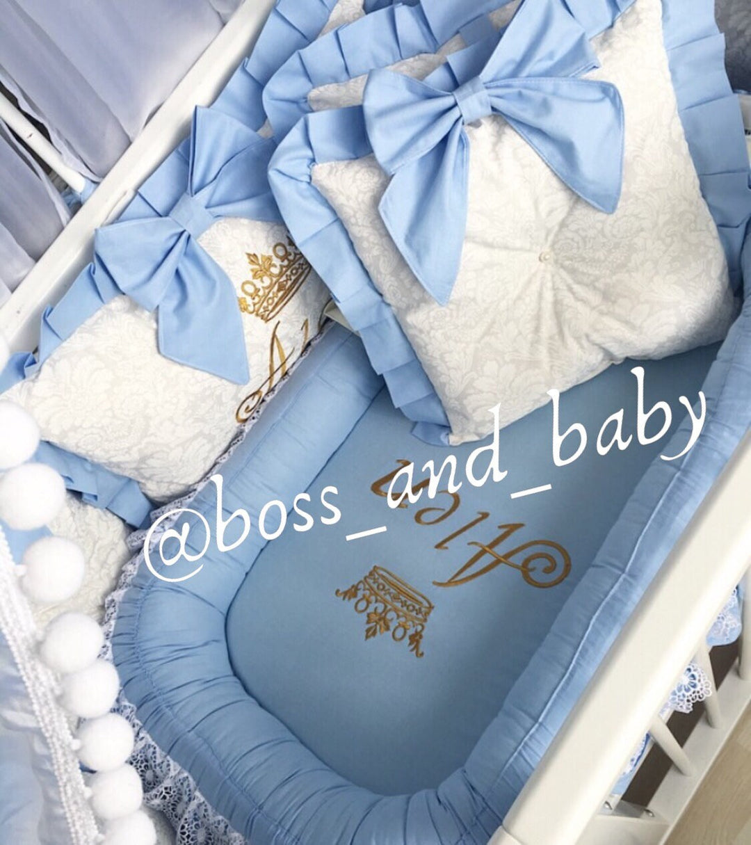 Personalized Blue and White Baby Nest with Crown Embroidery