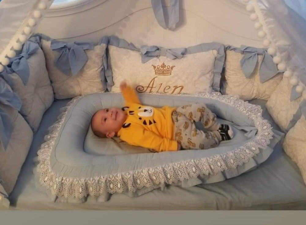 Personalized Blue and White Baby Nest with Crown Embroidery