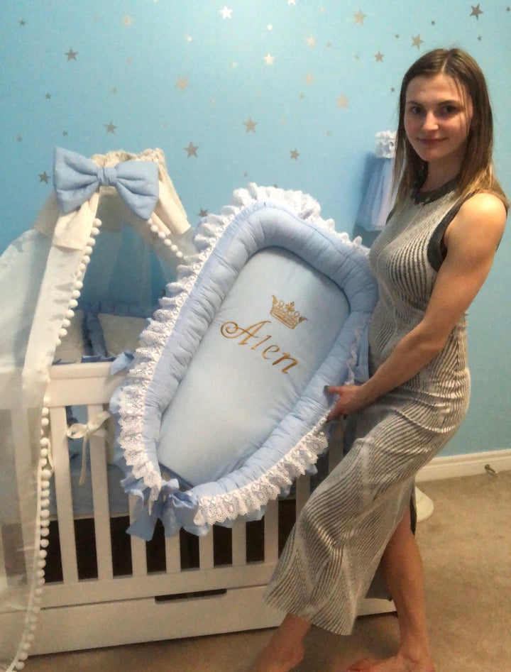 Personalized Blue and White Baby Nest with Crown Embroidery