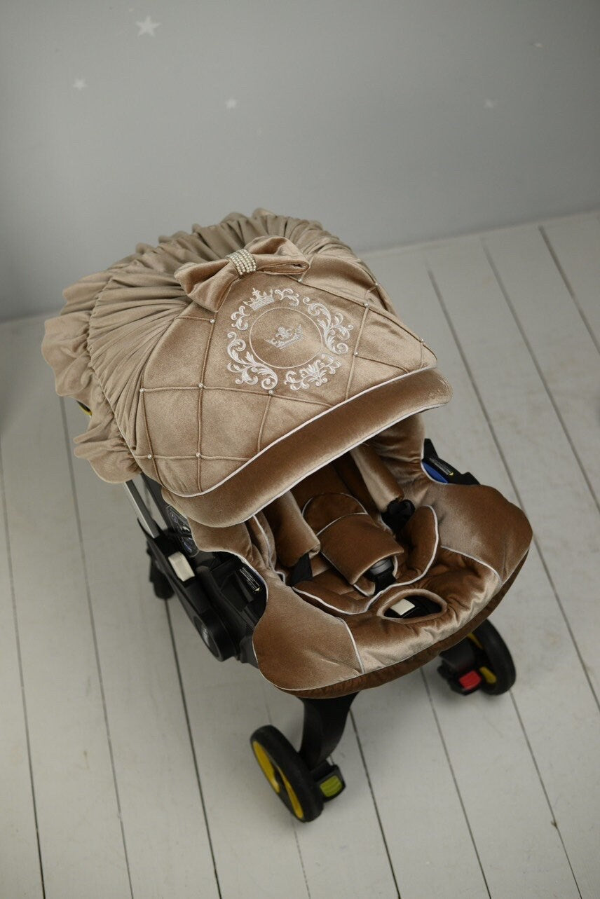 Washable beige car seat cover with rhinestones and pearls for infants