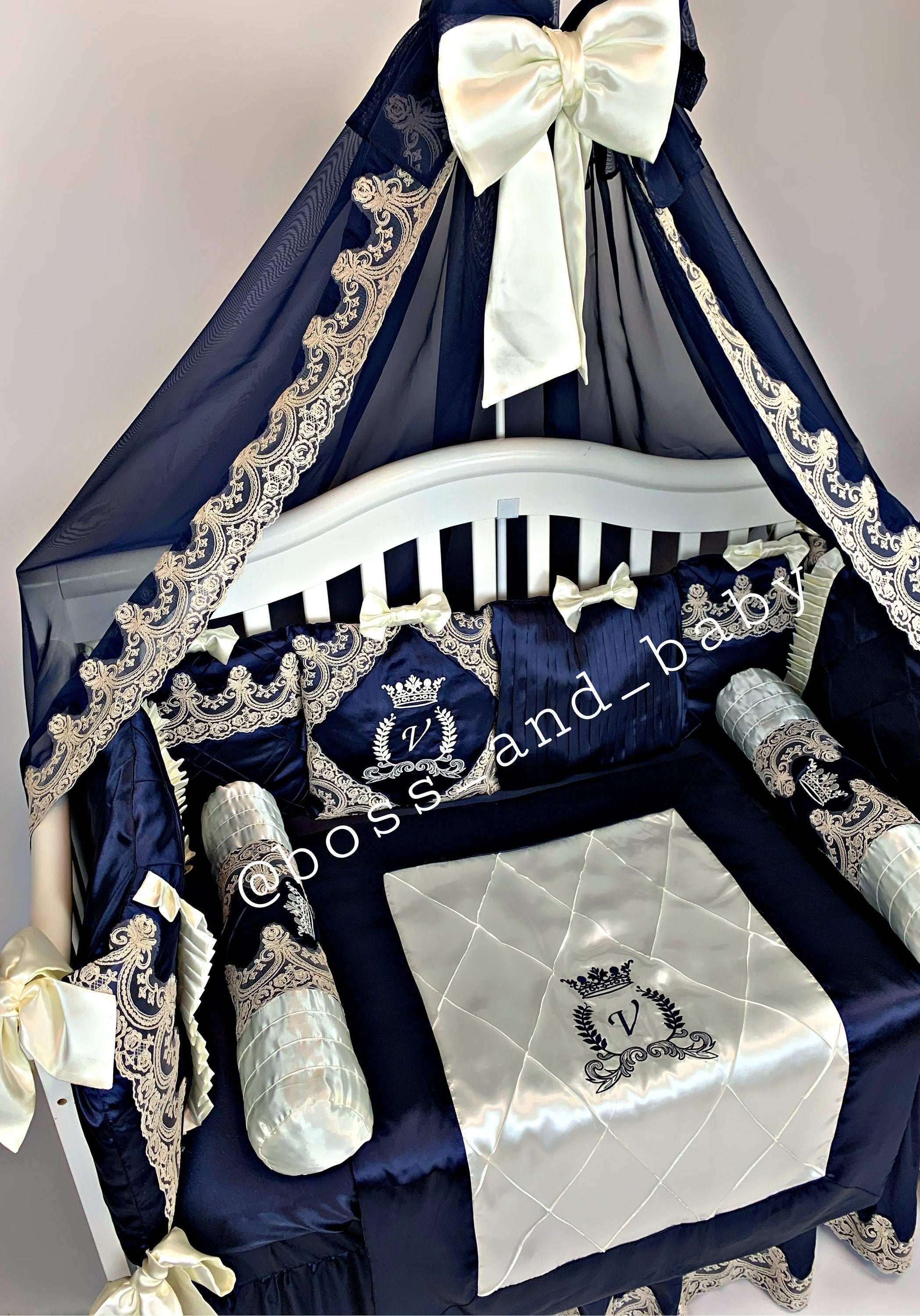 Navy Blue Luxury Baby Bedding Set Cot Bedding Blanket Canopy Boss and Baby