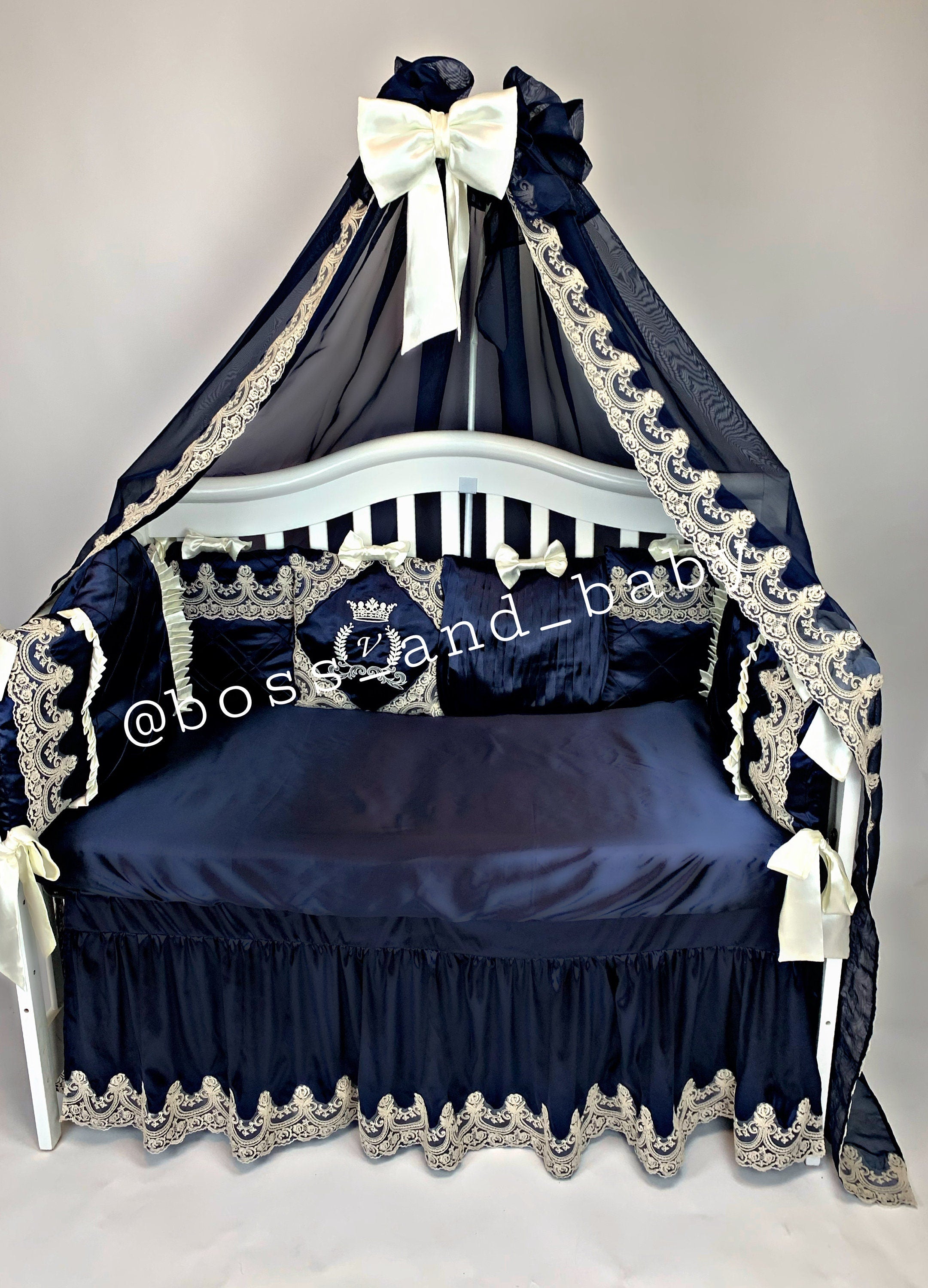 Navy Blue Luxury Baby Bedding Set Cot Bedding Blanket Canopy Boss and Baby