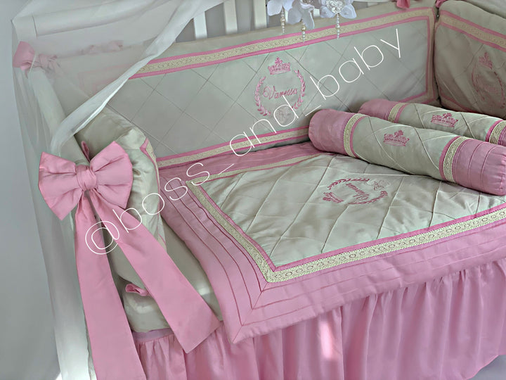 Juego de ropa de cama para niña de cuna rosa púrpura con dosel - Regalo personalizado para bebé