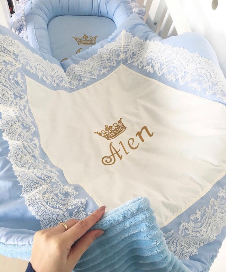 Blue White Cotton Crib Bedding Set for Baby Boys with Canopy Bows