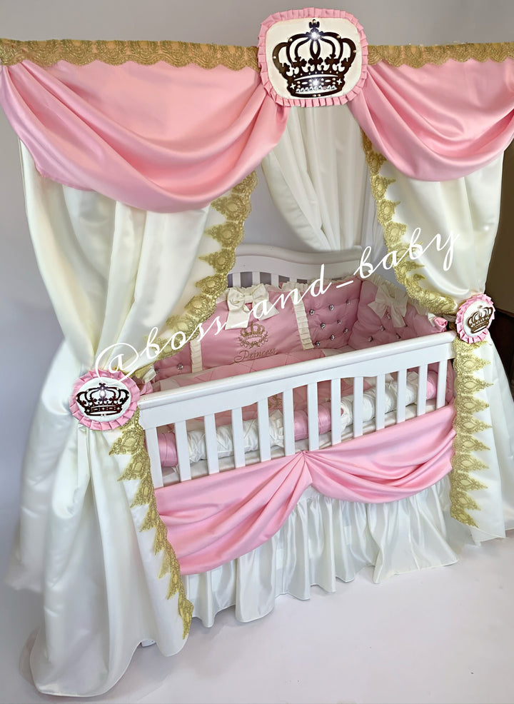 Give Your Baby Girl the Ultimate Sleeping Space with Our Pink Bedding Set Adorned with Rhinestones, French Lace, and a Canopy Stand