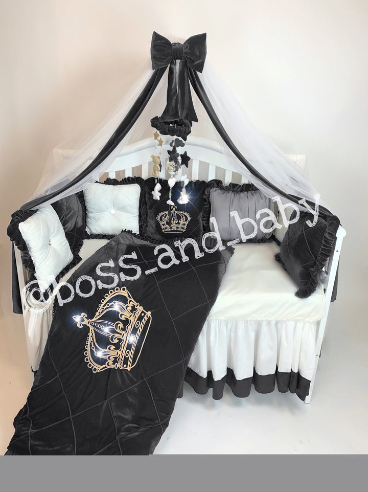 Parure de lit de luxe en velours noir et coton blanc avec strass et broderie couronne 