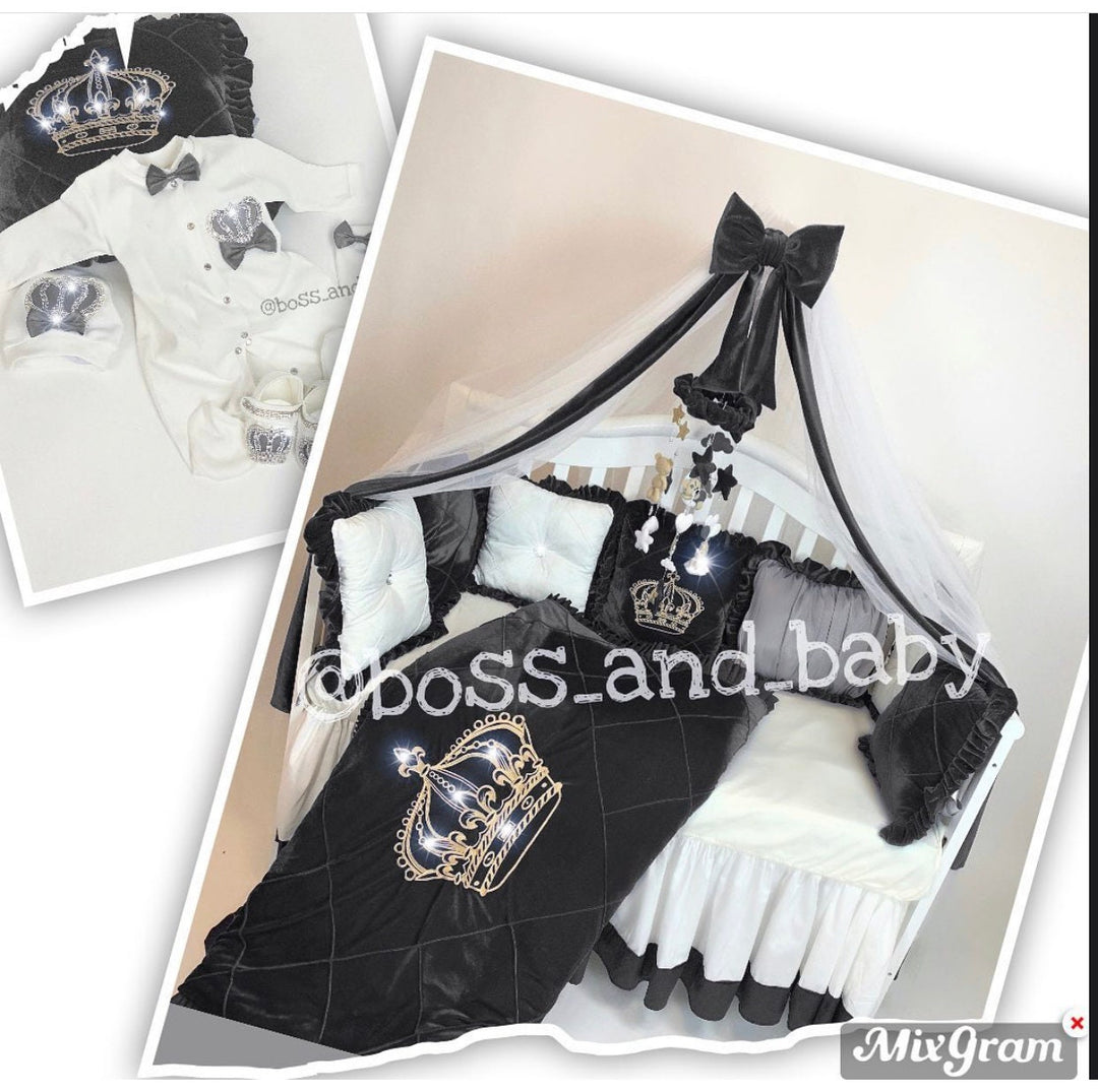 Parure de lit de luxe en velours noir et coton blanc avec strass et broderie couronne 