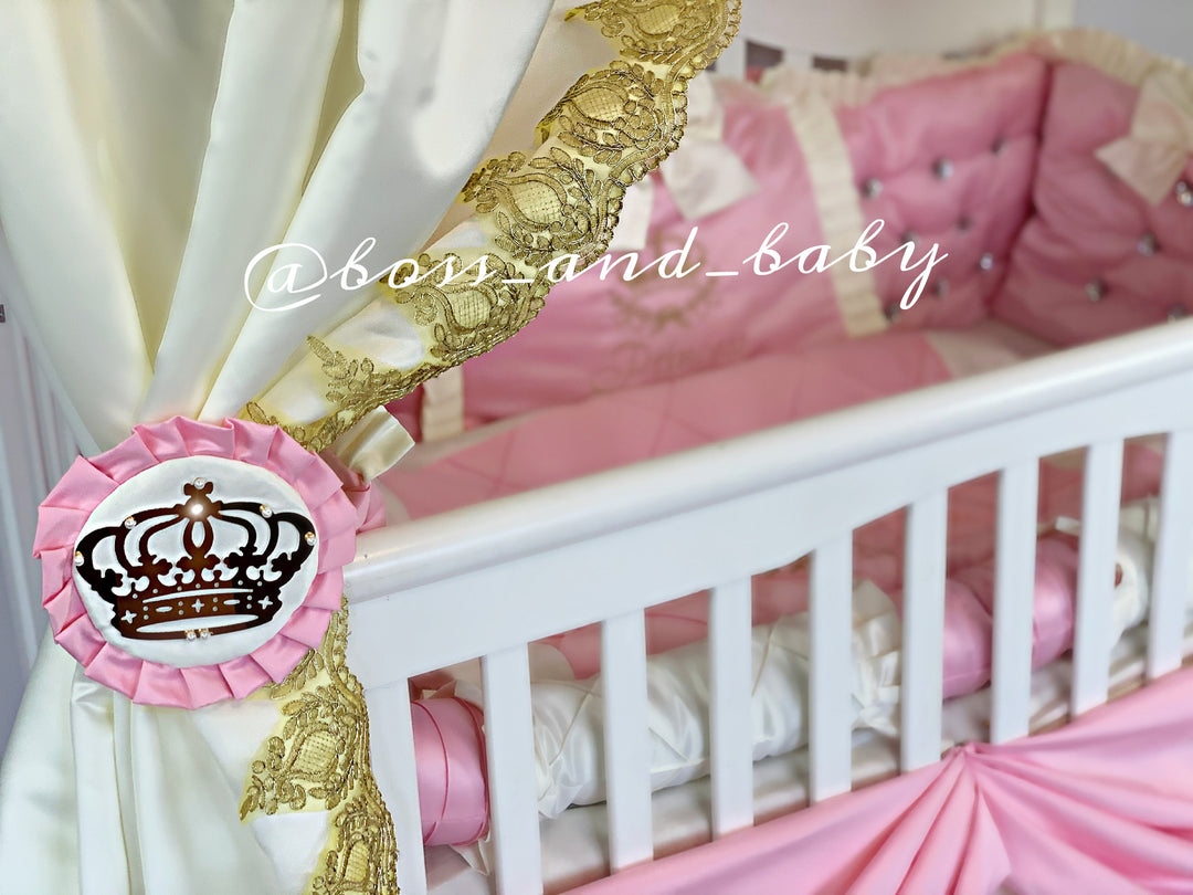 Give Your Baby Girl the Ultimate Sleeping Space with Our Pink Bedding Set Adorned with Rhinestones, French Lace, and a Canopy Stand