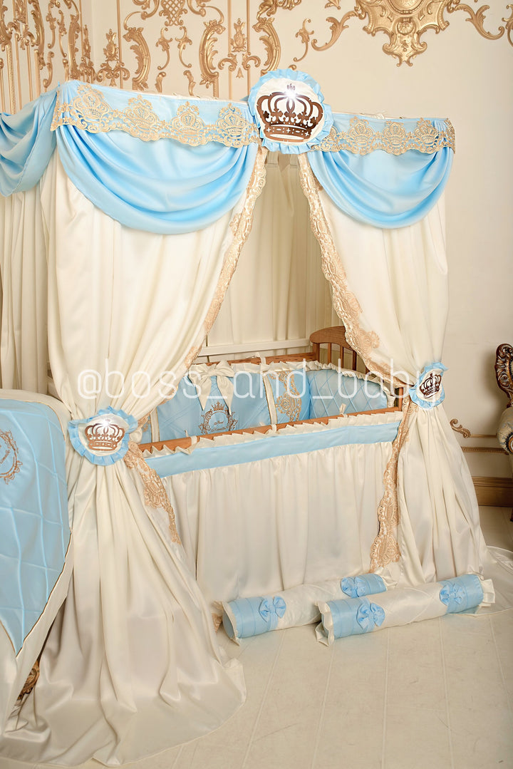 Juego de cama de lujo con encaje en azul bebé y marfil: un regalo elegante para su bebé niño