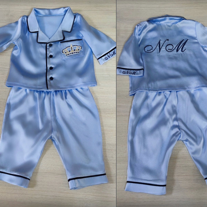 Pyjamas en soie pour bébé, pyjamas personnalisés bleus pour bébés et enfants, pyjamas mignons en soie pour nourrissons, ensemble de pyjamas pour nouveau-nés monogramme